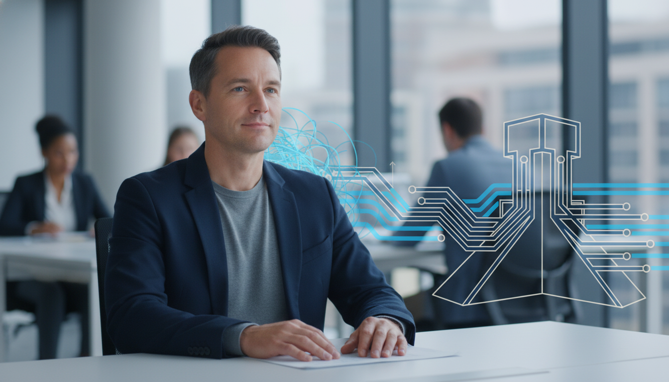A realistic, professional photograph of a person in a modern office environment, looking calm and focused amidst subtle background blur suggesting a busy atmosphere. Their posture is relaxed yet authoritative, conveying a sense of internal control and clarity under pressure. The lighting is soft and natural. Aspect ratio: 4:3.