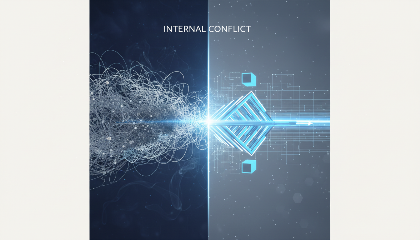 An abstract illustration depicting the internal conflict of a successful professional. One side shows calm, orderly geometric shapes, while the other shows chaotic, tangled lines, representing the contrast between external success and internal stress. Use a sophisticated, minimalist style with brand colors. Aspect ratio: 16:9.