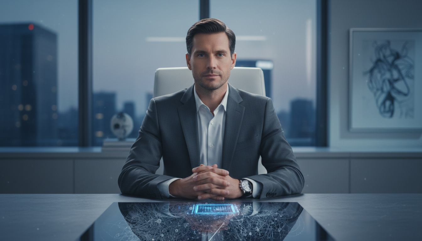 A high-achieving professional sitting in a modern, minimalist office. Their external posture is confident, but their reflection in the polished desk shows a subtle expression of stress and mental fog. The image should convey the internal vs. external struggle. Aspect ratio: 16:9.