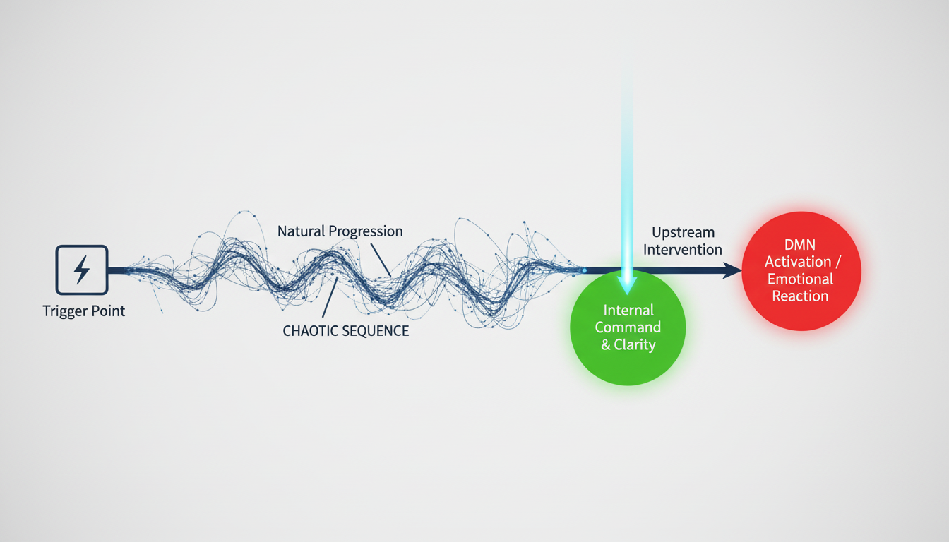 A simple, clean infographic timeline. The left side shows a trigger point. A line moves right towards a large red circle labeled 'DMN Activation / Emotional Reaction.' A bright blue vertical line labeled 'Upstream Intervention' cuts the timeline off before it reaches the red circle, redirecting it to a green circle labeled 'Internal Command & Clarity'. Use brand colors. Aspect ratio: 16:9.