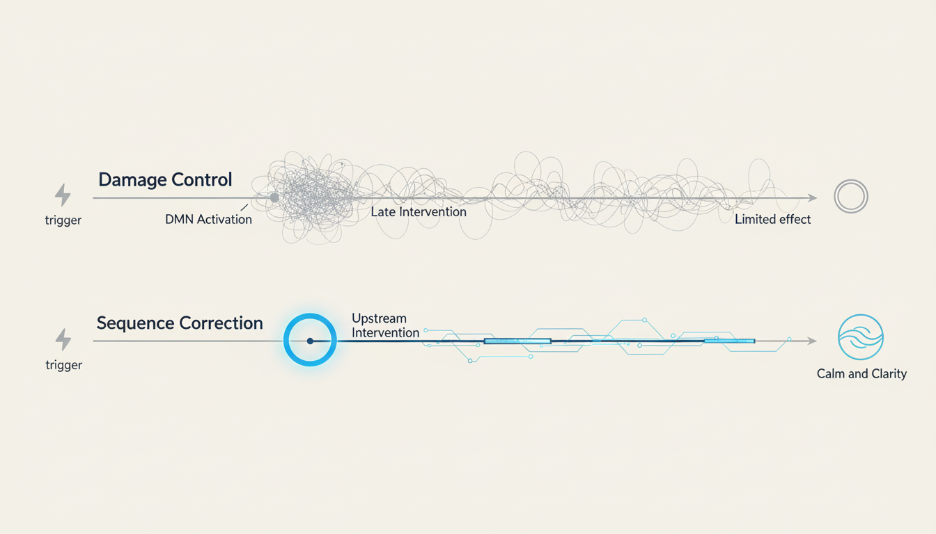 A clean, minimalist infographic comparing two timelines. The top timeline, labeled 'Damage Control,' shows a trigger leading to DMN activation, then a late intervention with limited effect. The bottom timeline, labeled 'Sequence Correction,' shows a trigger, an immediate 'Upstream Intervention' point, and a resulting state of calm and clarity. Use simple icons and brand colors. Aspect ratio: 16:9.