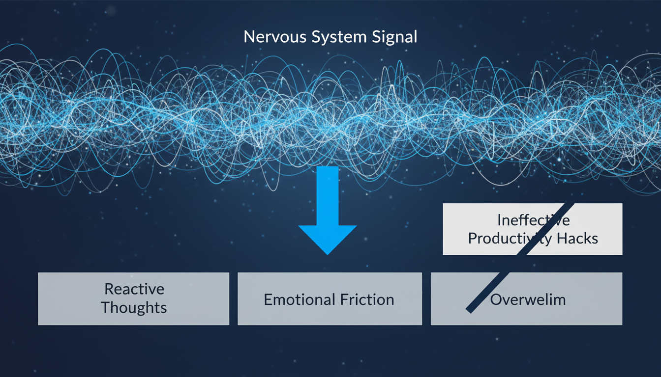 A clean, modern infographic illustrating an 'upstream' biological problem. At the top, a clear icon represents the 'Nervous System Signal'. An arrow points downwards to a series of downstream effects labeled 'Reactive Thoughts', 'Emotional Friction', and 'Overwhelm'. A crossed-out box on the downstream effects is labeled 'Ineffective Productivity Hacks'. The design should be minimalist and authoritative. Aspect ratio: 1:1.