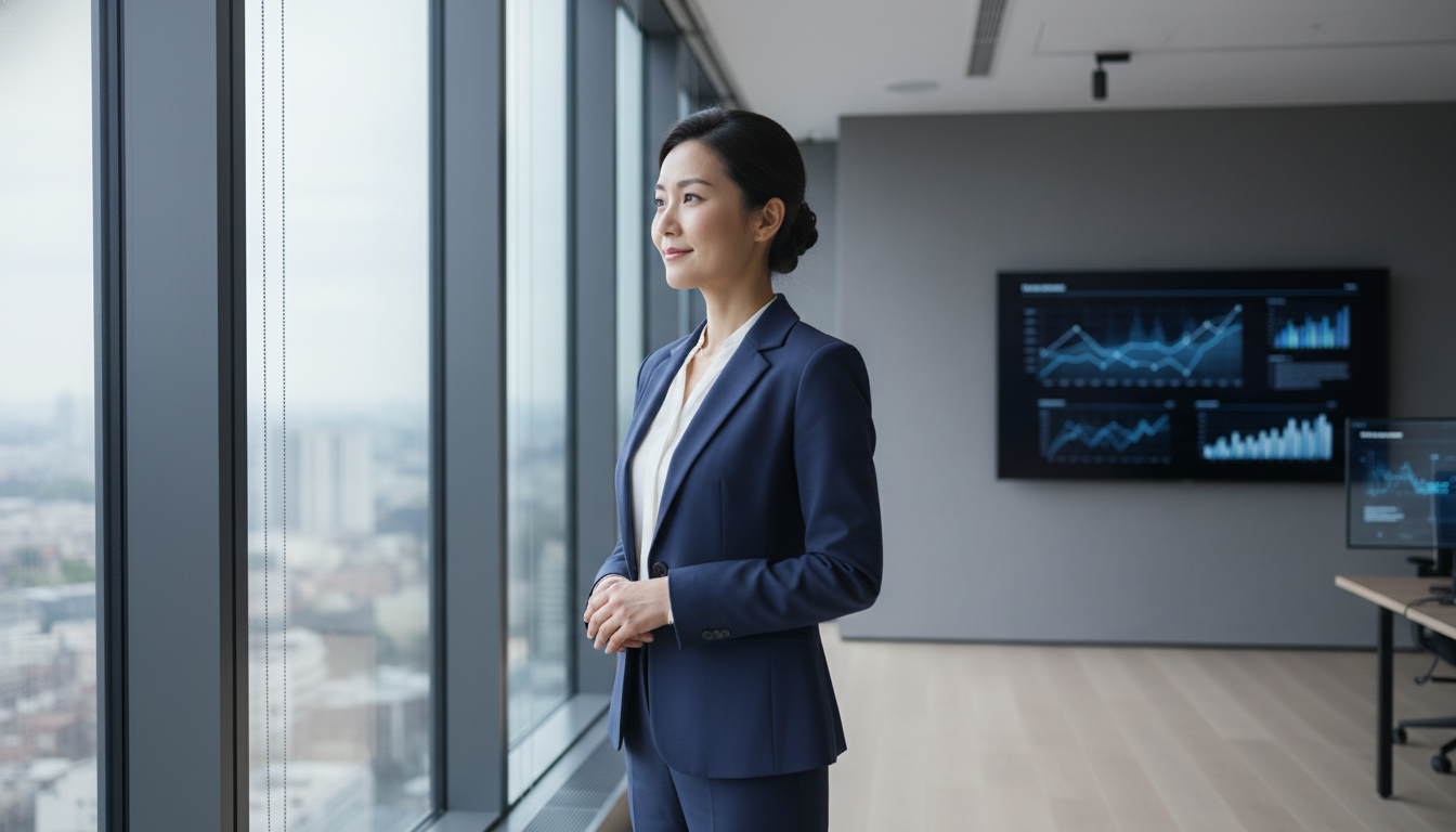 A realistic photo of a professional in a modern, minimalist office. They are looking out a window with a calm, focused, and thoughtful expression, visibly in control amidst a high-pressure environment suggested by subtle background elements. The lighting is natural and bright. Aspect ratio: 4:3.