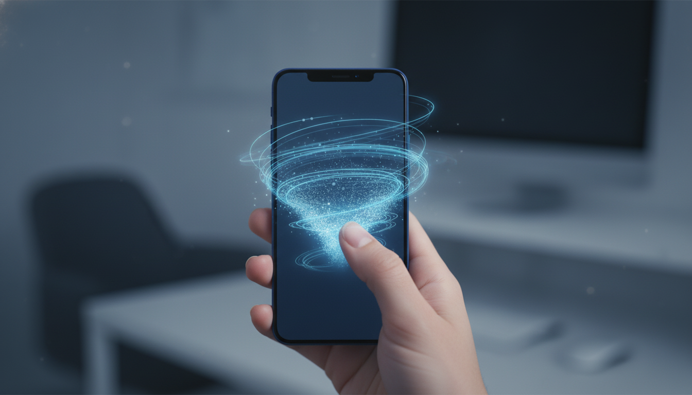 A close-up, realistic photograph from a first-person perspective of a person's hand holding a modern smartphone. The thumb is poised just above the screen, about to unlock it. The image should have a clean, minimalist aesthetic with soft, focused light on the hand and phone, suggesting a moment of intentional pause and self-regulation. The background is a slightly blurred, calm office environment. Aspect ratio: 4:3.