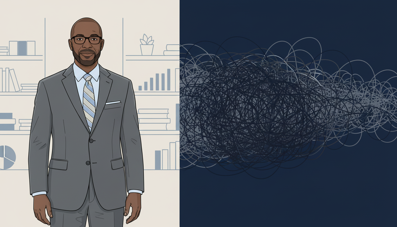 A minimalist illustration depicting a split image. On the left, a professionally dressed person stands confidently against a clean, organized background. On the right, a chaotic tangle of dark lines emanates from their head, representing internal stress and mental fog. Aspect ratio: 16:9.