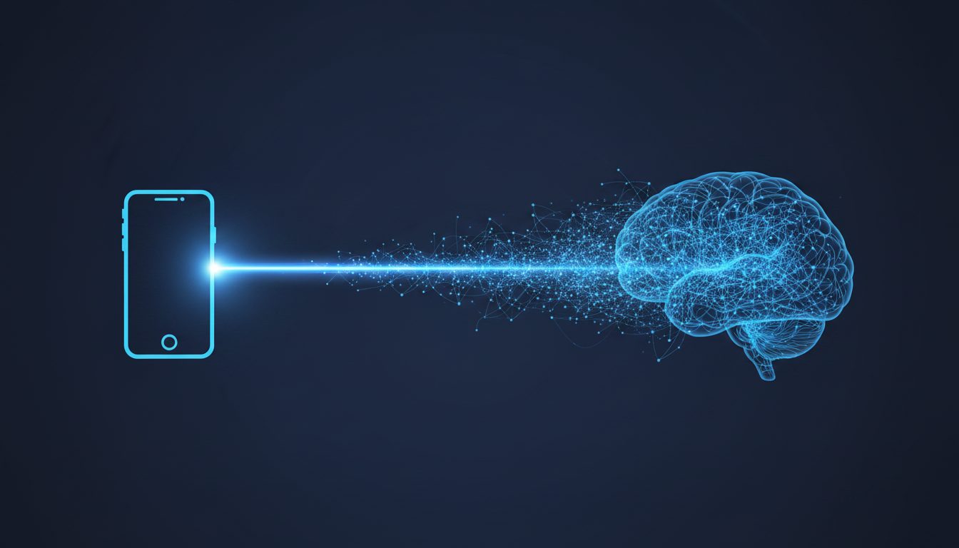 A stylized illustration showing a glowing smartphone icon on the left. A bright line of light (#3d6db0) travels from the phone to the right, where it transforms into a well-organized, glowing neural network inside a simplified outline of a human brain. This visually represents turning a digital habit into a powerful internal training trigger. Background color is dark navy #181e2e, with highlights in #f3f2f0. Aspect ratio: 16:9.