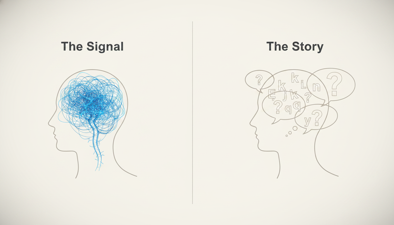 A clean, modern infographic with a split-screen design. On the left, titled 'The Signal,' show a silhouette of a human head and torso with a glowing, erratic line (#3d6db0) representing a chaotic nervous system signal originating from the brainstem. On the right, titled 'The Story,' show the same silhouette but with multiple overlapping thought bubbles containing jumbled text and question marks, representing psychological narratives. Use brand colors #181e2e for text and outlines on a light background #f3f2f0. Aspect ratio: 16:9.