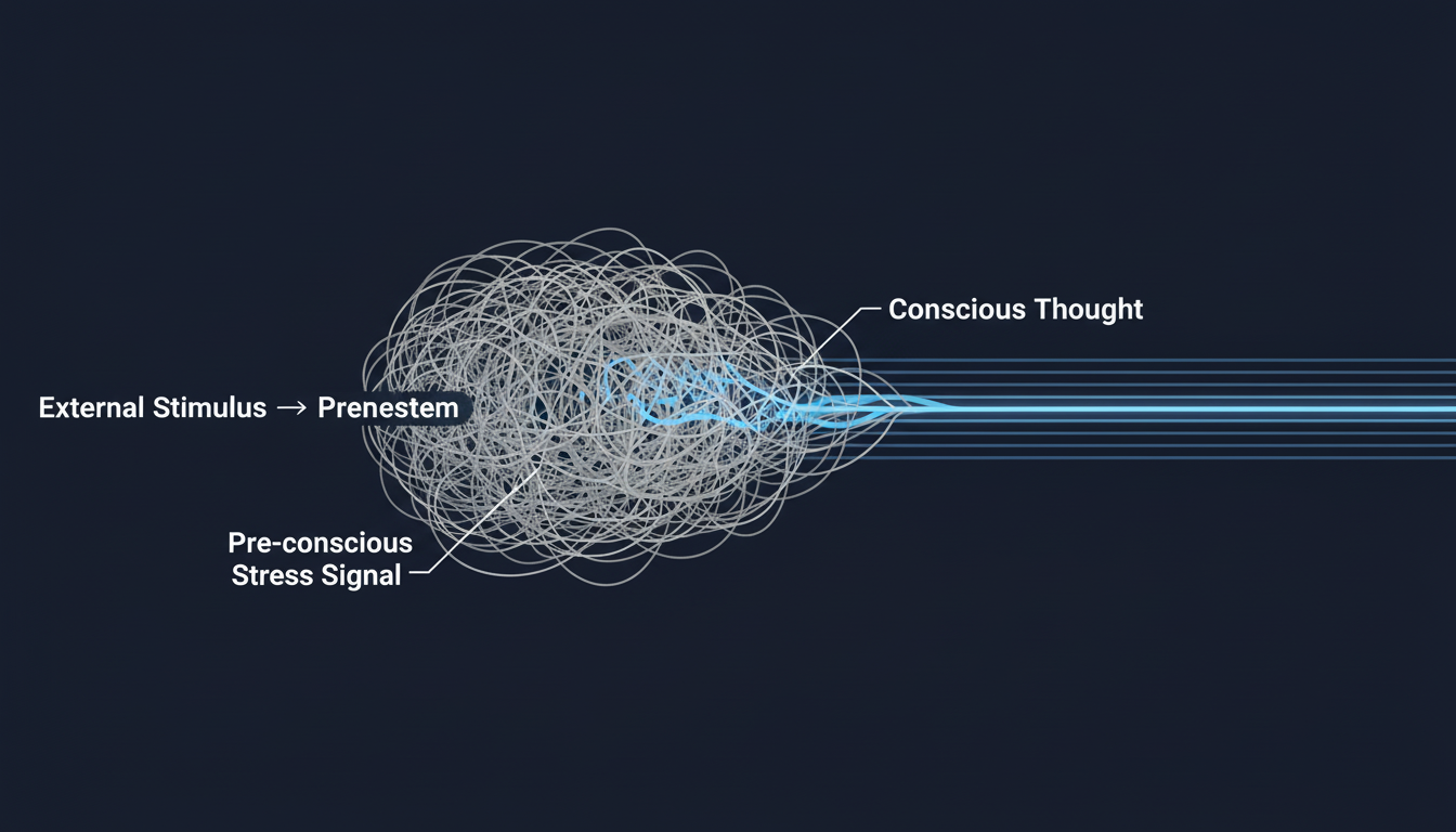 A clean, scientific infographic showing a simplified diagram of the human brain. An arrow labeled 'External Stimulus' points to the brainstem area, which then sends a 'Pre-conscious Stress Signal' out before reaching the prefrontal cortex, labeled 'Conscious Thought'. The design should be modern and use brand colors. Aspect ratio: 1:1.