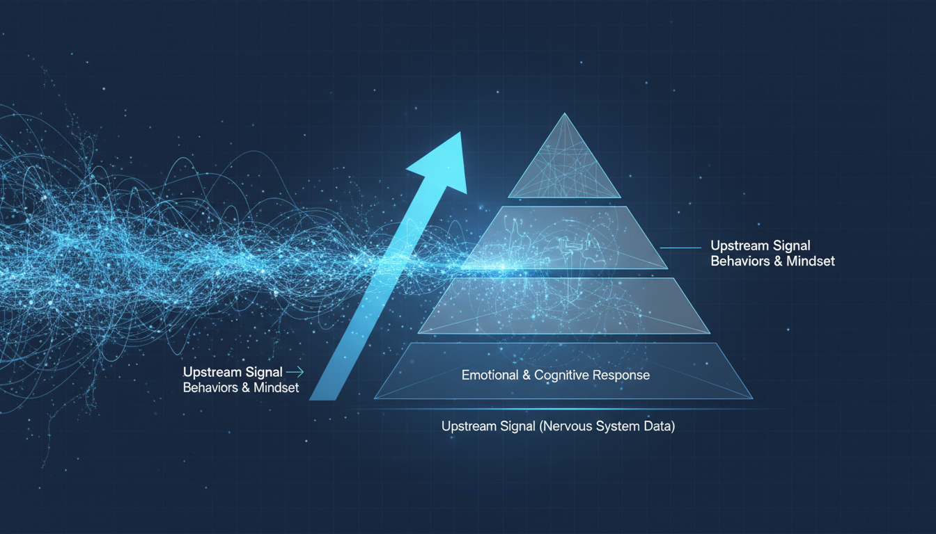 A clean and scientific infographic showing a pyramid. The base is labeled 'Upstream Signal (Nervous System Data)'. The middle layer is 'Emotional & Cognitive Response'. The top, smallest layer is 'Behaviors & Mindset'. An arrow points upwards, showing how the base signal dictates everything above it. Aspect ratio: 1:1.