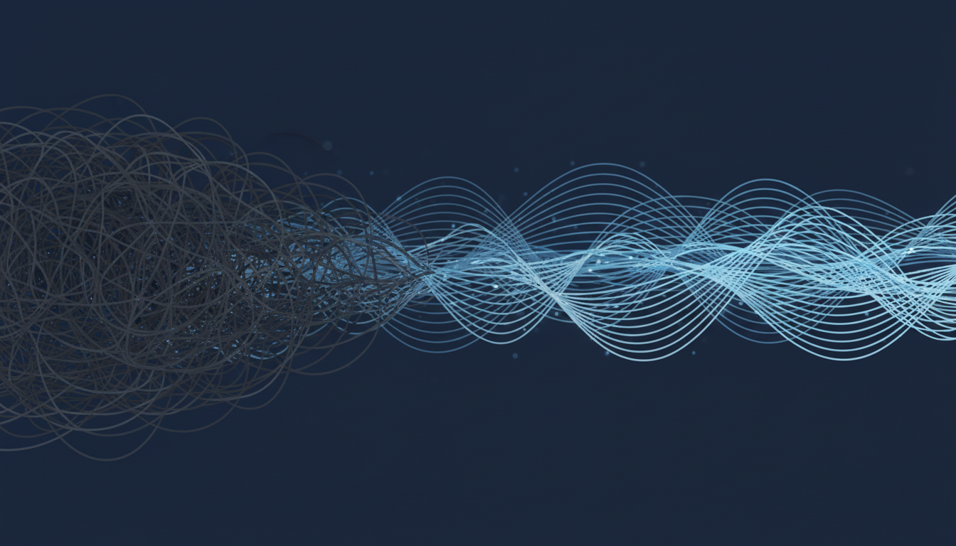 An abstract visual representation of expanding 'range'. The image starts on the left with tightly compressed, dark lines (#181e2e), which gradually unfurl and expand to the right into a wide, calm, and flowing wave pattern using lighter blues (#3d6db0) and grays (#8599a5). Aspect ratio: 16:9.