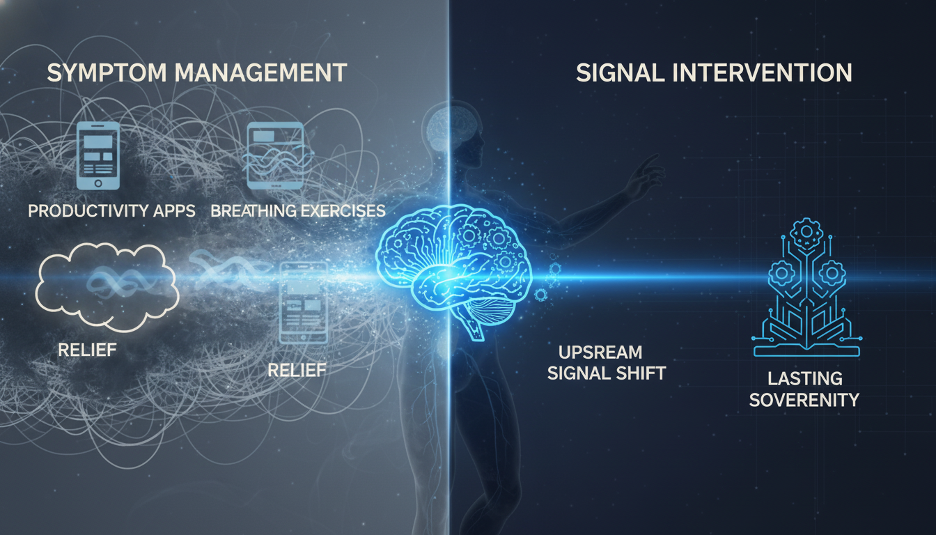 A simple, clean infographic with two columns. The left column is titled 'Symptom Management' and shows icons for 'Productivity Apps' and 'Breathing Exercises' leading to a temporary 'Relief' icon. The right column, titled 'Signal Intervention,' shows an icon of a brain with a gear turning inside it, labeled 'Upstream Signal Shift,' leading to a solid foundation icon labeled 'Lasting Sovereignty.' Use brand colors for a professional look. Aspect ratio: 1:1.