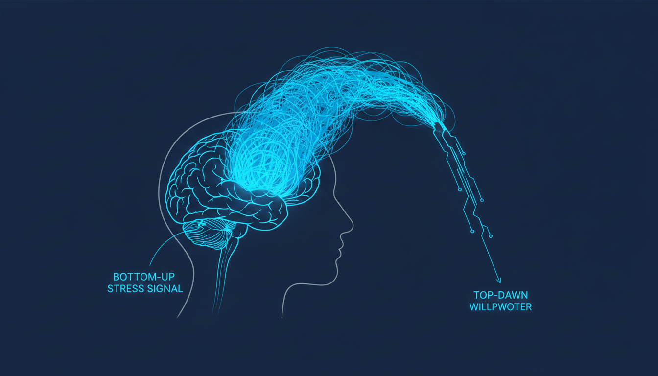 A stylized scientific illustration of the human brain in profile. A bright, powerful arrow labeled 'Bottom-Up Stress Signal' travels from the brainstem upwards, lighting up the limbic system. A much smaller, broken arrow labeled 'Top-Down Willpower' is shown descending from a dimmed prefrontal cortex, failing to stop the larger signal. The visual style is clean, technical, and modern. Aspect ratio: 4:3.