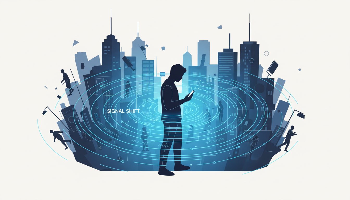 A stylized illustration of a person in a busy urban environment looking at their phone. A subtle, glowing blue ripple effect emanates from their hand, symbolizing a quick internal 'reset' or 'Signal Shift' that brings a moment of calm and clarity amidst the surrounding chaos. The style is clean and modern. Aspect ratio: 4:3.