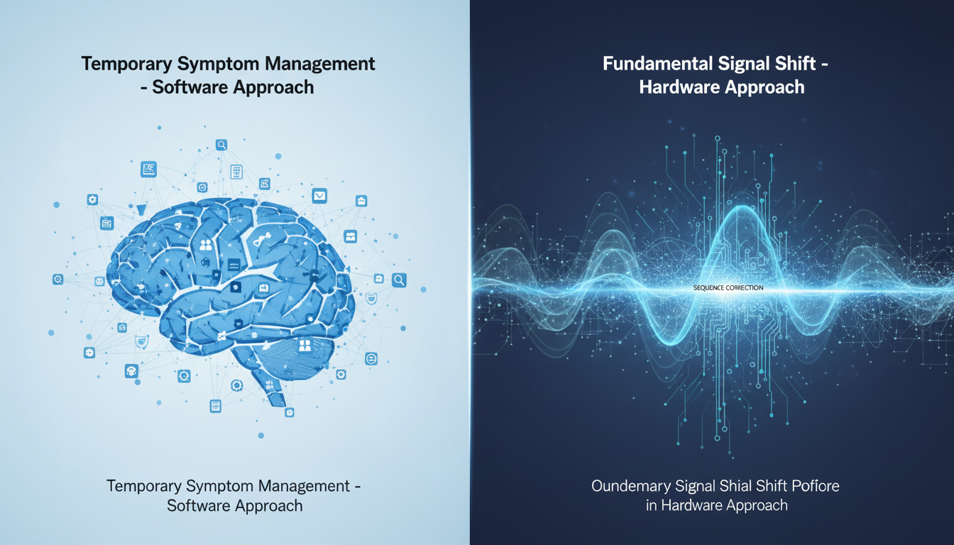 A clean, modern infographic comparing a 'software approach' (an icon of a brain with apps floating around it) to a 'hardware approach' (an icon of a nervous system with a foundational signal wave being recalibrated). Use a split-screen design. Label the software side 'Temporary Symptom Management' and the hardware side 'Fundamental Signal Shift'. Aspect ratio: 16:9. Use brand colors.