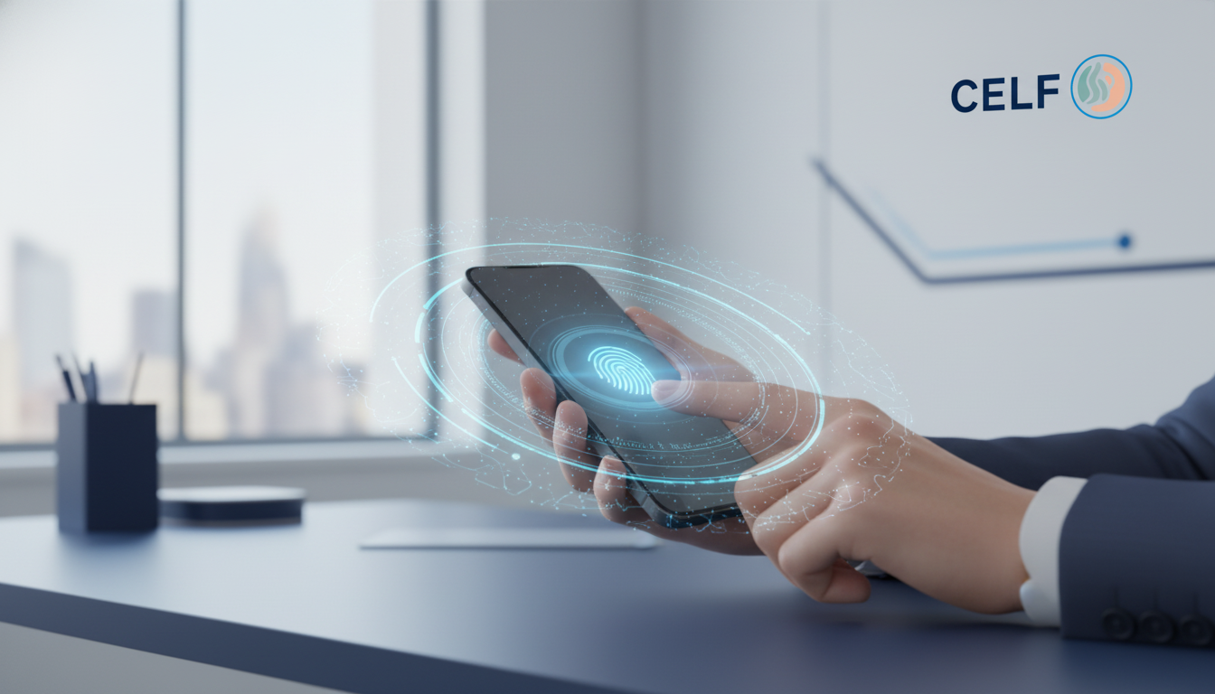 A stylized, modern illustration of a busy professional's hand holding a smartphone. As their thumb goes to unlock it, a subtle, calming blue wave of energy emanates from the phone, symbolizing a quick 5-second nervous system reset being triggered by a daily habit. The background is a clean, minimalist workspace. Aspect ratio: 4:3.