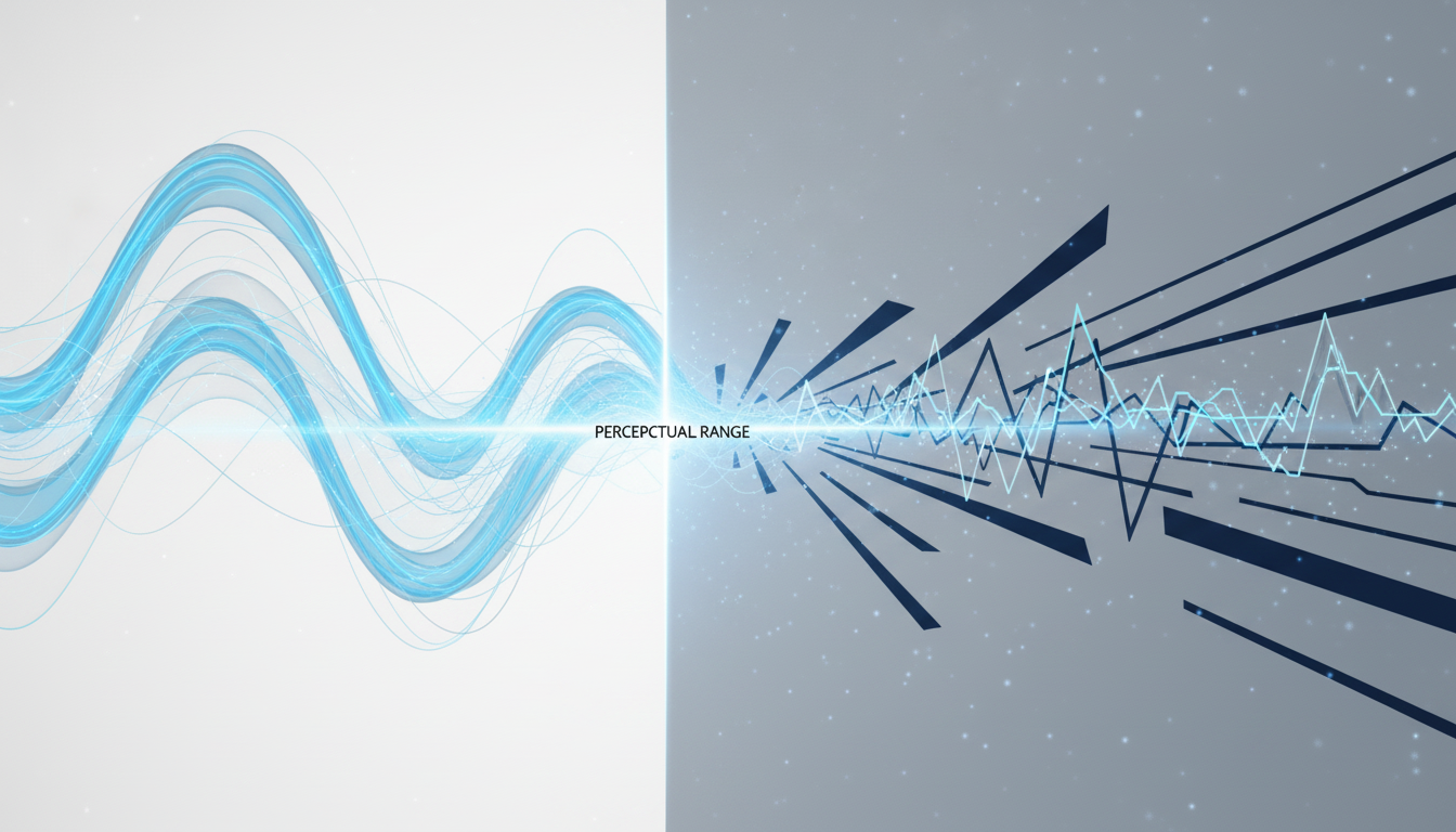 An abstract digital illustration showing the concept of 'perceptual range'. On the left, a wide, vibrant, and expansive wave of light in brand colors represents a full, open range. On the right, the wave is being 'compressed' and narrowed into a thin, jagged, chaotic line by sharp, dark geometric shapes, representing chronic stress and a limited perceptual state. Aspect ratio: 16:9.