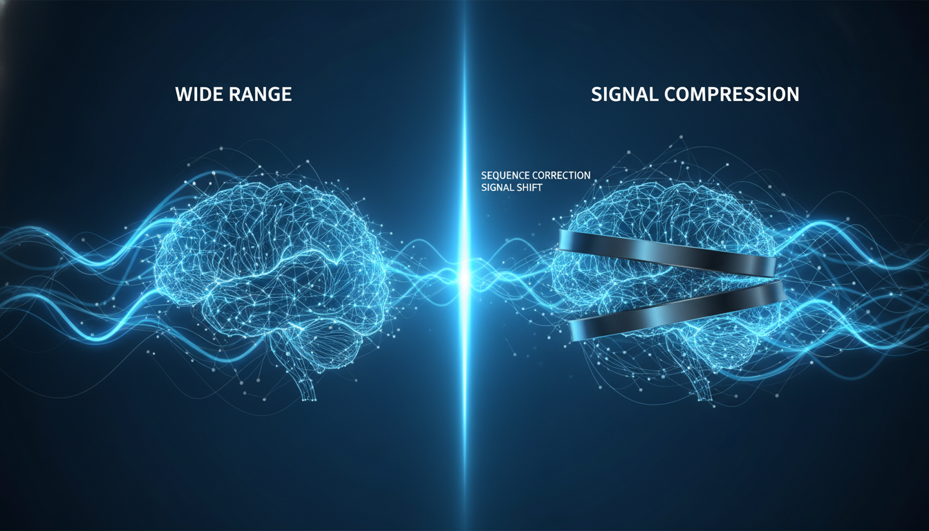 A clean, modern infographic comparing two brains. The first, labeled 'Wide Range,' shows a brain with vibrant, expansive waves of light emanating from it. The second, labeled 'Signal Compression,' shows the same brain constricted by metallic bands, with weak, distorted waves coming out. Use clear icons and minimal text. Aspect ratio: 1:1.