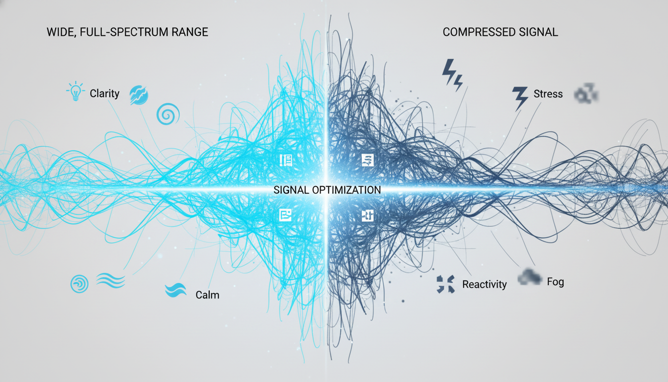 A clean, modern infographic comparing a wide, full-spectrum 'range' of perception and emotion to a 'compressed signal' that is narrow and jagged. Use brand colors #3d6db0 for the healthy range and #8599a5 for the compressed state, with text labels on a #f3f2f0 background. Icons representing clarity, creativity, and calm are shown in the wide range, while icons for stress, reactivity, and fog are in the narrow one. Aspect ratio: 1:1.