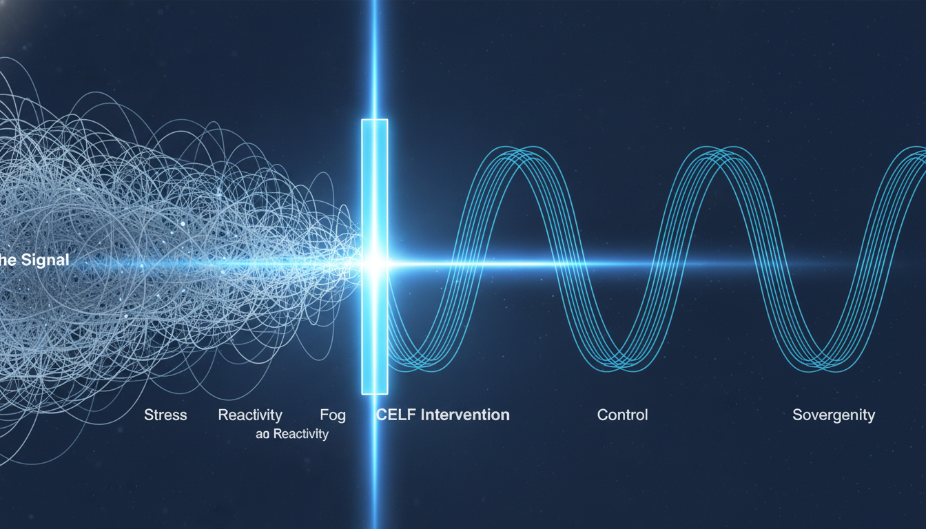 A clean, modern infographic with a simple diagram. On the left, a label 'The Signal' points to a chaotic, jagged line. An arrow from this line points to downstream effects labeled 'Stress,' 'Fog,' and 'Reactivity.' On the right, a label 'CELF Intervention' points to a smooth, coherent sine wave. An arrow from this wave points to downstream results labeled 'Clarity,' 'Control,' and 'Sovereignty.' Use brand colors and clear typography. Aspect ratio: 16:9.