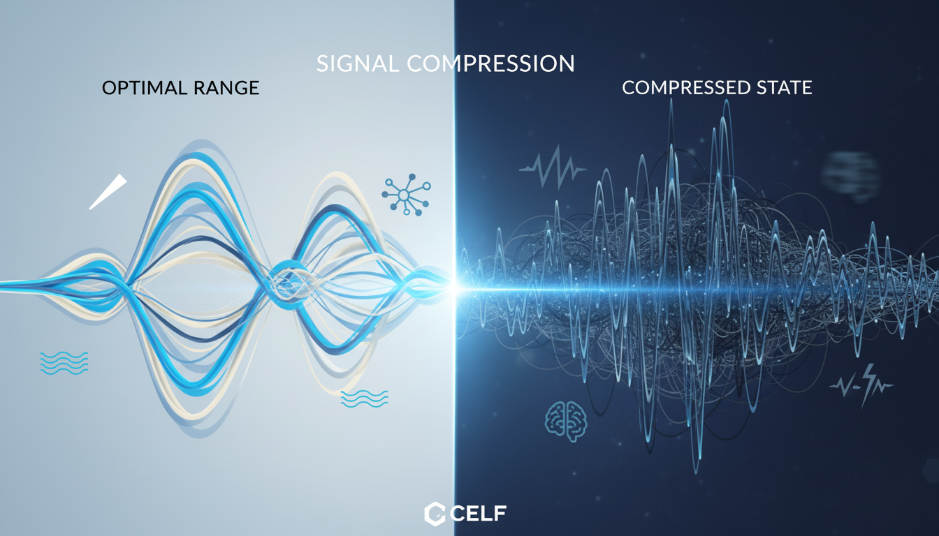 A clean and modern infographic illustrating the concept of 'Signal Compression'. On the left, a wide, vibrant waveform labeled 'Optimal Range' with icons for clarity, creativity, and calm. On the right, the waveform is visibly squeezed and jagged, labeled 'Compressed State' with icons for stress, brain fog, and reactivity. Aspect ratio: 16:9.