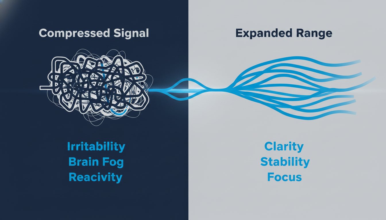 A clean, modern infographic comparing a 'Compressed Signal' to an 'Expanded Range'. On the left, under 'Compressed Signal,' show an icon of a brain with jagged, chaotic lines leading to outcomes like 'Irritability,' 'Brain Fog,' 'Reactivity.' On the right, under 'Expanded Range,' show a brain icon with smooth, flowing lines leading to outcomes like 'Clarity,' 'Stability,' 'Focus.' Use brand colors and clear, sans-serif text. Aspect ratio: 1:1.