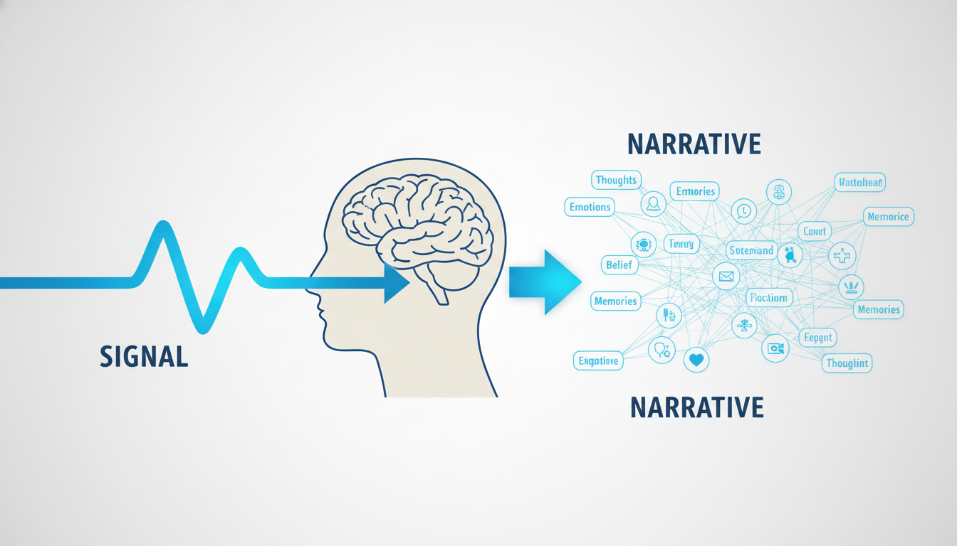 A clean, modern infographic with two distinct sides. On the left, a simple, clear sine wave labeled 'SIGNAL' at the base of a brain icon. On the right, a complex, interconnected web of text bubbles and icons labeled 'NARRATIVE' emanating from the top of the brain icon. A clear arrow shows the signal influencing the narrative. Aspect ratio: 16:9.