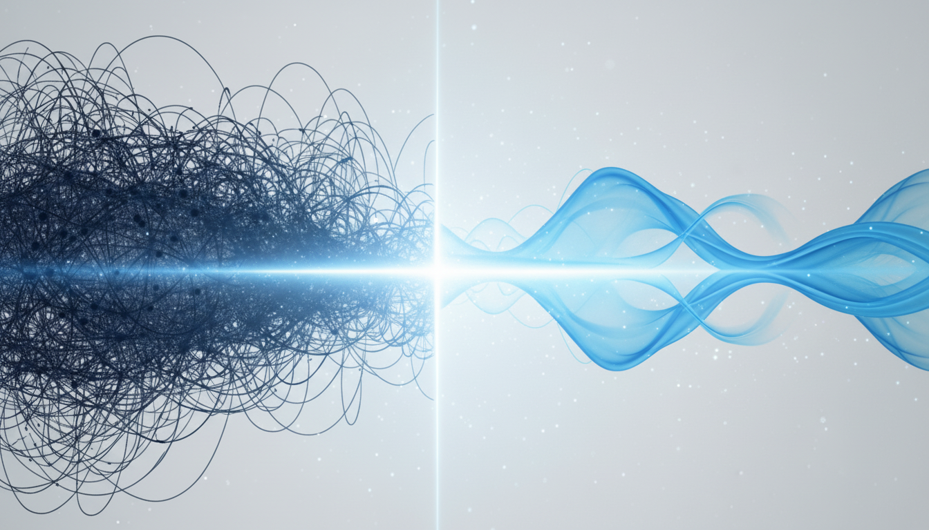 An abstract digital illustration of neural pathways. One side shows chaotic, compressed, and tangled lines in a dark, narrow space, representing stress. The other side shows the same lines becoming smooth, organized, and expansive, flowing into a wide, open area, representing clarity and control. The transition between the two is subtle and glowing. Aspect ratio: 16:9.