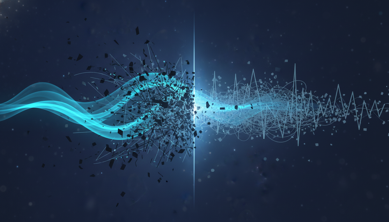 An abstract illustration visualizing the concept of 'signal compression'. Show multiple chaotic, jagged digital lines in dark colors squeezing a bright, wide, calm waveform representing mental 'range' into a narrow, constricted, erratic signal. The background is dark and sophisticated. Aspect ratio: 16:9.