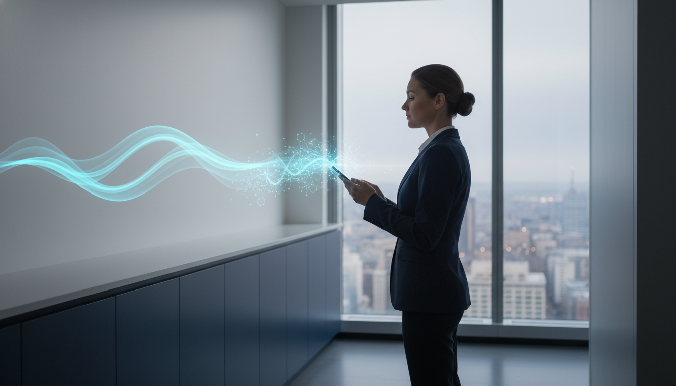 A realistic photo from a side angle of a well-dressed professional in a modern office, pausing to look at their phone. Their expression is calm, focused, and composed, subtly suggesting a moment of internal reset, not distraction. Soft, natural light. Aspect ratio: 4:3.
