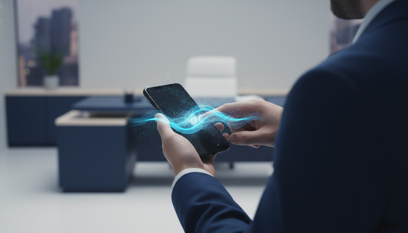 A realistic, high-quality photograph from a close-up, over-the-shoulder perspective of a professional unlocking their smartphone. The person's hand is in sharp focus, and their posture is calm and intentional. The background is a modern, clean office environment, suggesting a moment of mindful reset amidst a busy day. Aspect ratio: 16:9.