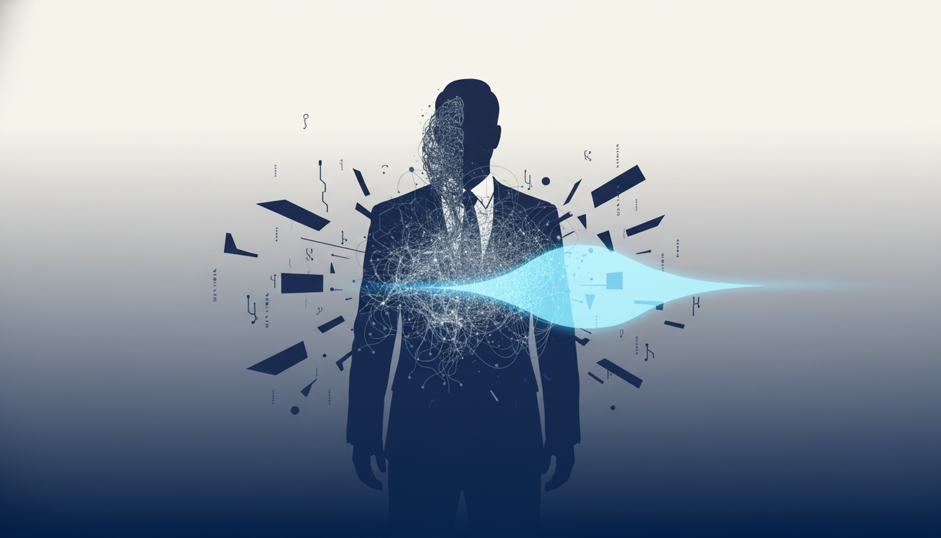 An abstract illustration depicting the concept of nervous system 'compression.' A stylized human silhouette is filled with tangled, chaotic lines in a dark grey-blue. This figure is being squeezed from all sides by sharp-edged geometric shapes representing digital notifications and constant demands. A single, smooth wave in a calming brand blue (#3d6db0) begins to push back from the center, symbolizing the start of a signal shift. Aspect ratio: 16:9.