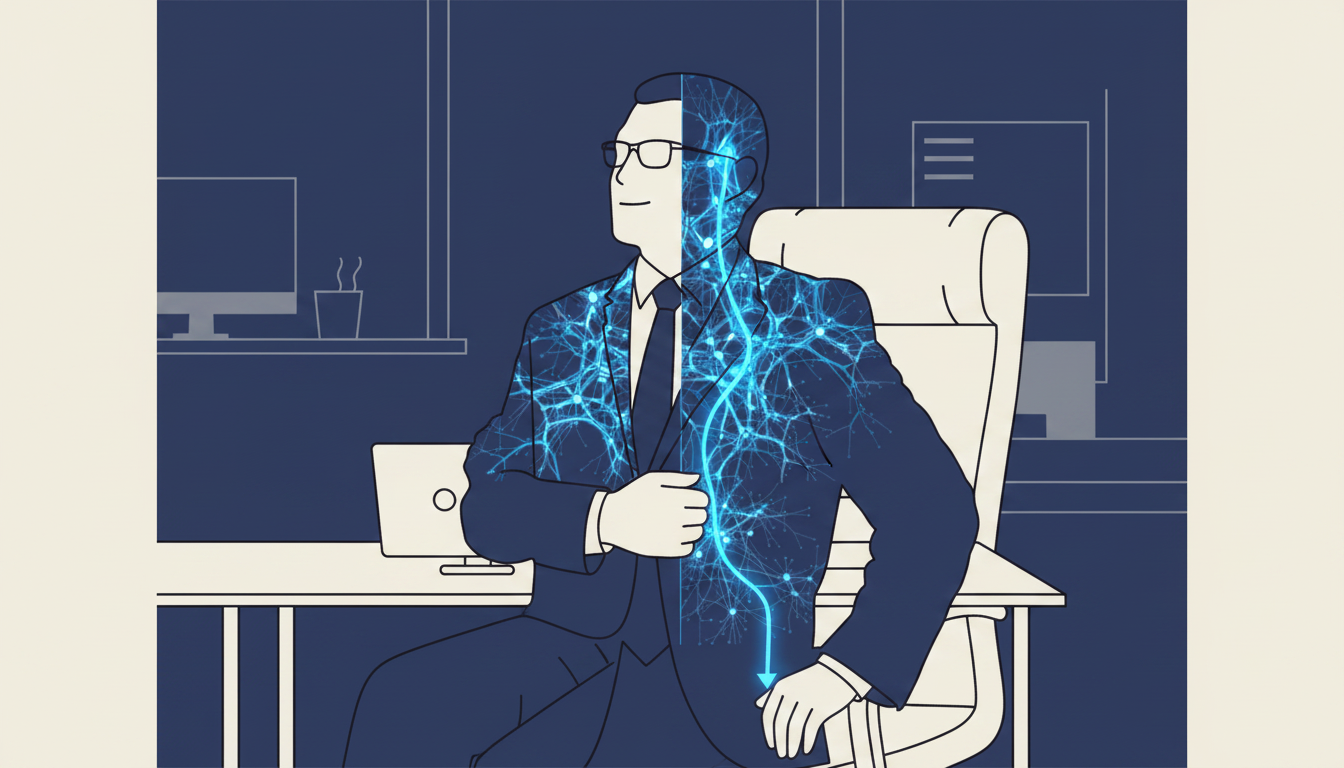 A minimalist and sophisticated illustration of a professional at a sleek, modern desk. They are pausing for a moment, eyes lightly closed, with a subtle, glowing blue line tracing from their head down their spine, representing a 'nervous system reset' amidst a busy work environment. The overall feel is calm and controlled. Aspect ratio: 4:3.