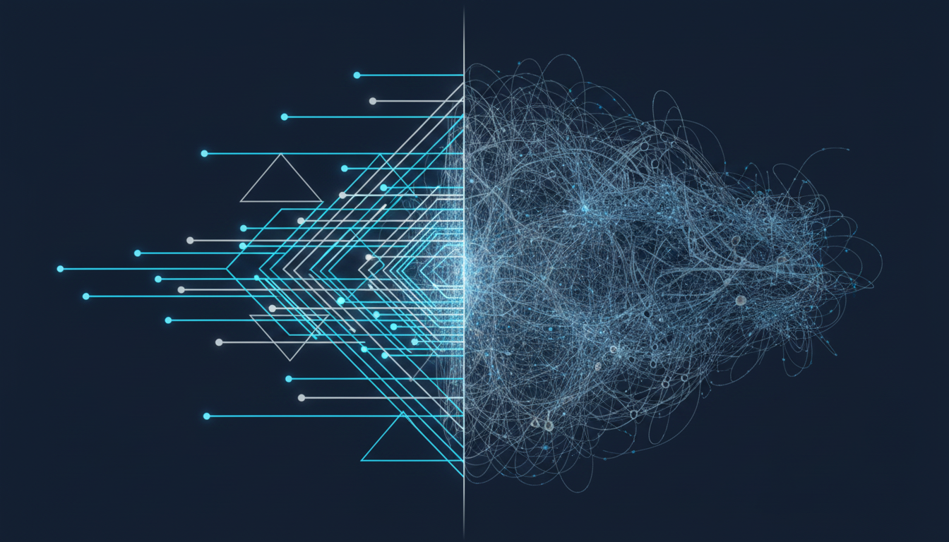 An abstract digital illustration representing the high-achiever's paradox. One half of the image is clean, geometric, and orderly, symbolizing external success. The other half is a chaotic, tangled network of pulsing, compressed lines, symbolizing internal stress and chaos. The two sides are starkly divided. Aspect ratio: 16:9.