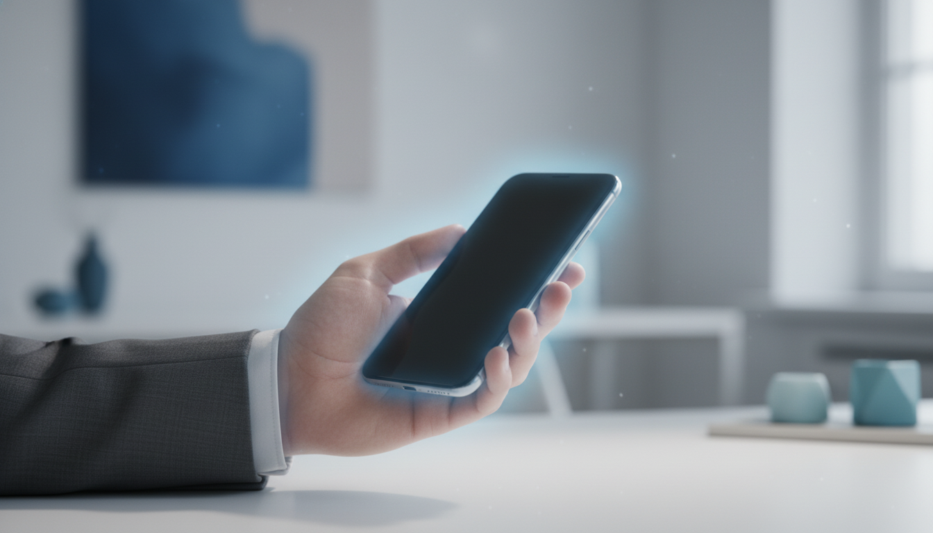 A clean, high-end, realistic photo of a professional's hand holding a smartphone. The screen is dark. A subtle, soft blue glow emanates from around the hand, symbolizing a moment of pause and nervous system reset before engaging with the device. The background is a minimalist, out-of-focus office. Aspect ratio: 4:3.