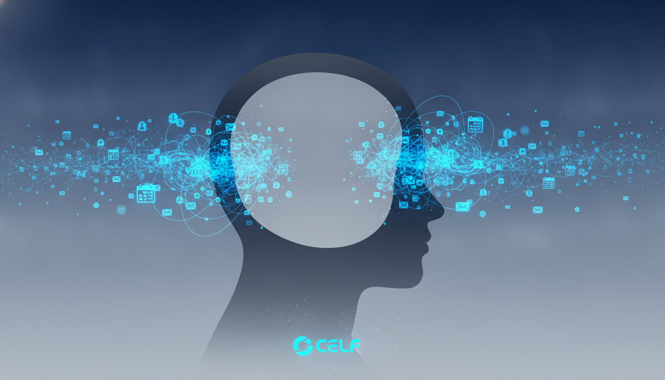 A stylized illustration of a professional's head in profile. Inside the head, a once expansive landscape is being visibly squeezed and narrowed by incoming digital icons and calendar alerts, representing the concept of neurological 'compression'. The overall mood is tense and constrained. Aspect ratio: 16:9.