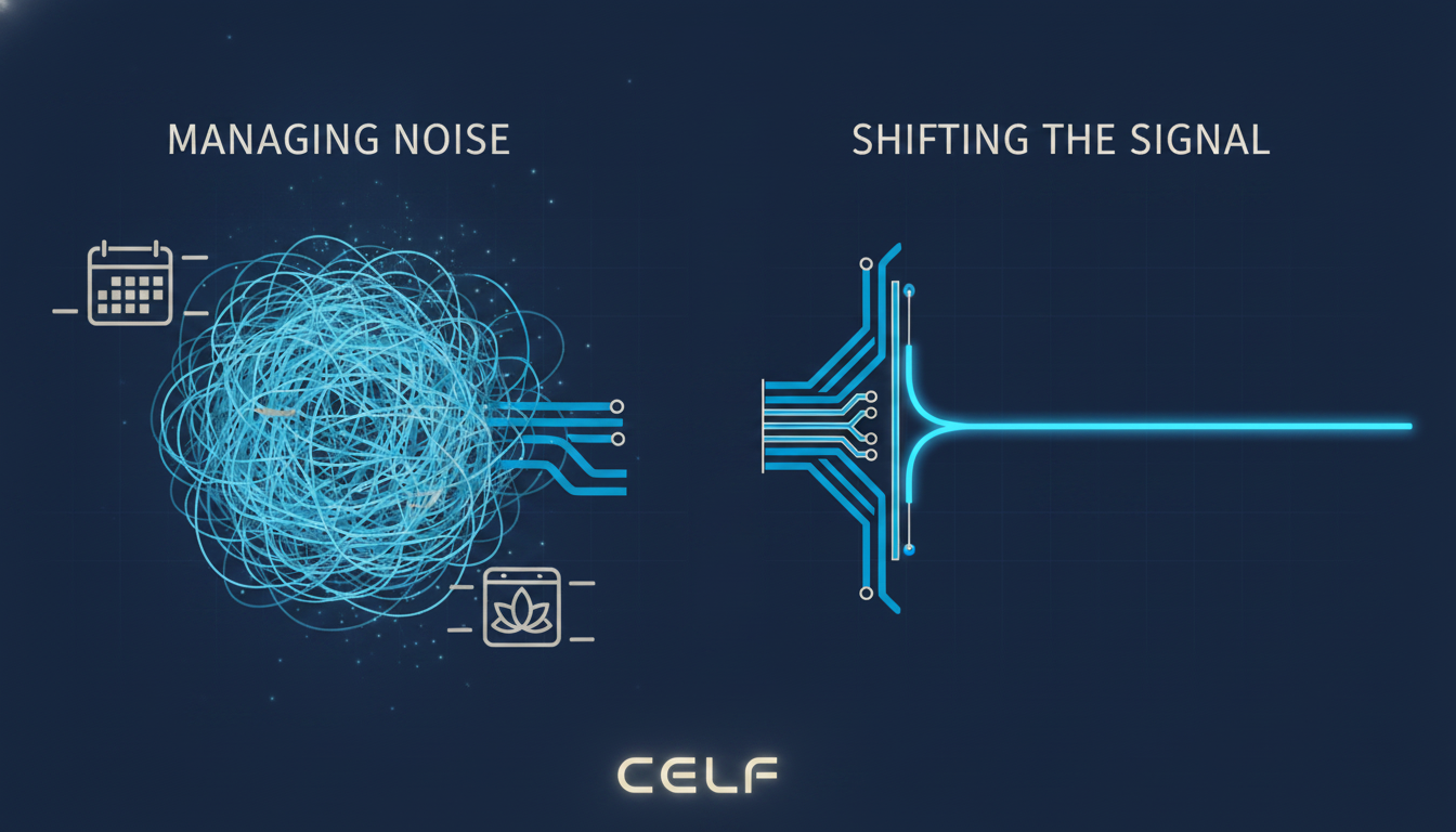 A clean, modern two-panel infographic. The left panel, titled 'Managing Noise,' shows icons for calendars and meditation apps applying band-aids over a chaotic, jagged brainwave. The right panel, titled 'Shifting the Signal,' shows a single, precise input calming the brainwave at its source, turning it into a smooth, coherent line. Aspect ratio: 1:1.