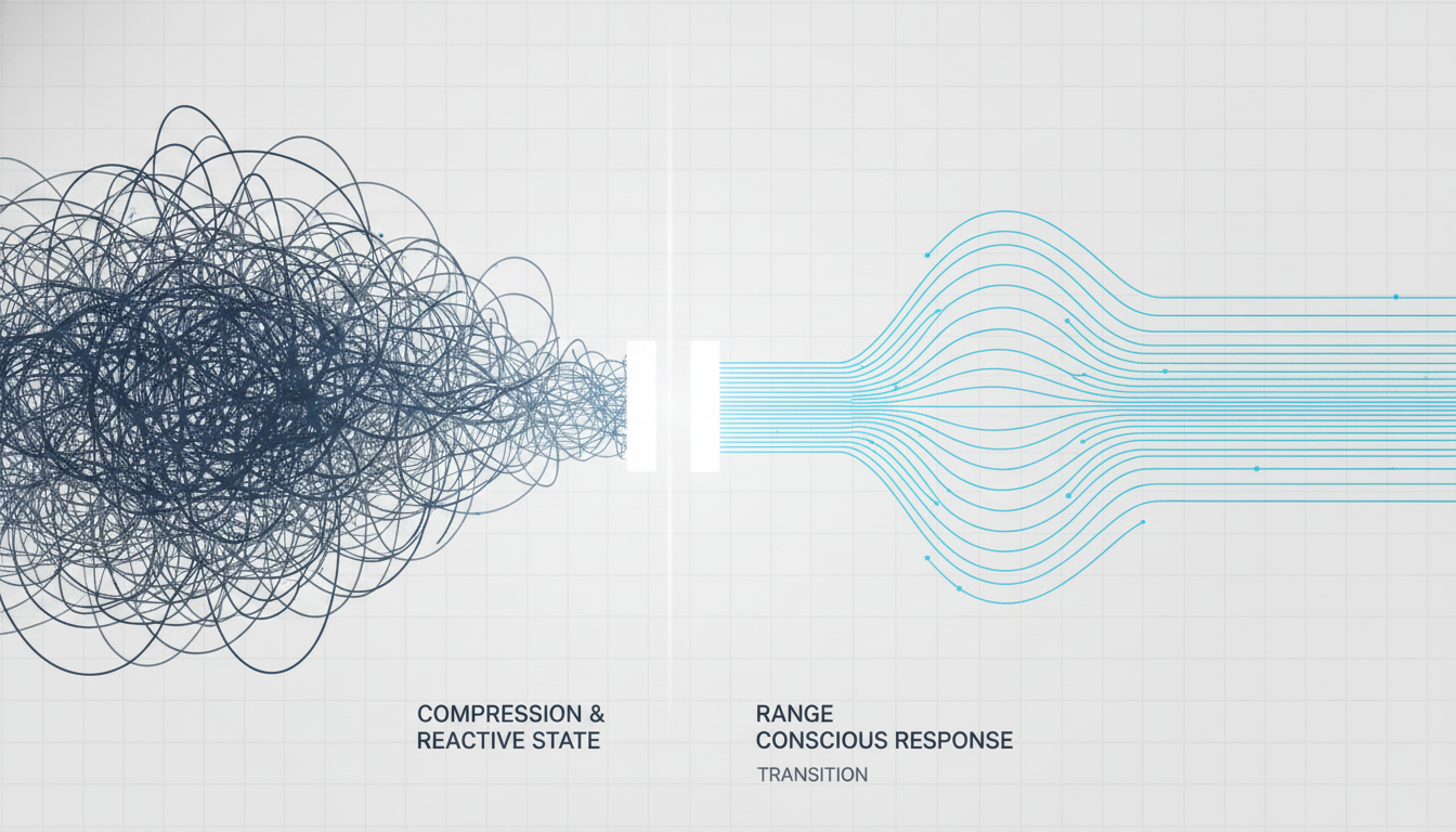 A clean, modern infographic comparing a 'compressed' nervous system to one with 'range'. On the left, a funnel labeled 'Compression' shows many inputs being forced into a narrow, chaotic output labeled 'Reactive State'. On the right, a wide channel labeled 'Range' shows the same inputs flowing smoothly to a clear output labeled 'Conscious Response'. Use brand colors and minimalist icons on a #f3f2f0 background. Aspect ratio: 1:1.