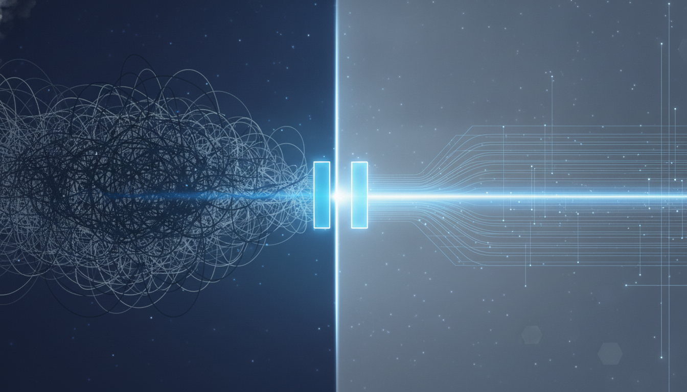 An abstract illustration depicting the high-achiever's paradox. One half of the image shows a calm, professional exterior using clean, minimalist lines in brand color #3d6db0. The other half reveals a chaotic, tangled inner world of dark, oppressive lines, representing chronic stress and mental fog. A subtle, glowing line separates the two halves, symbolizing the disconnect. Aspect ratio: 16:9.