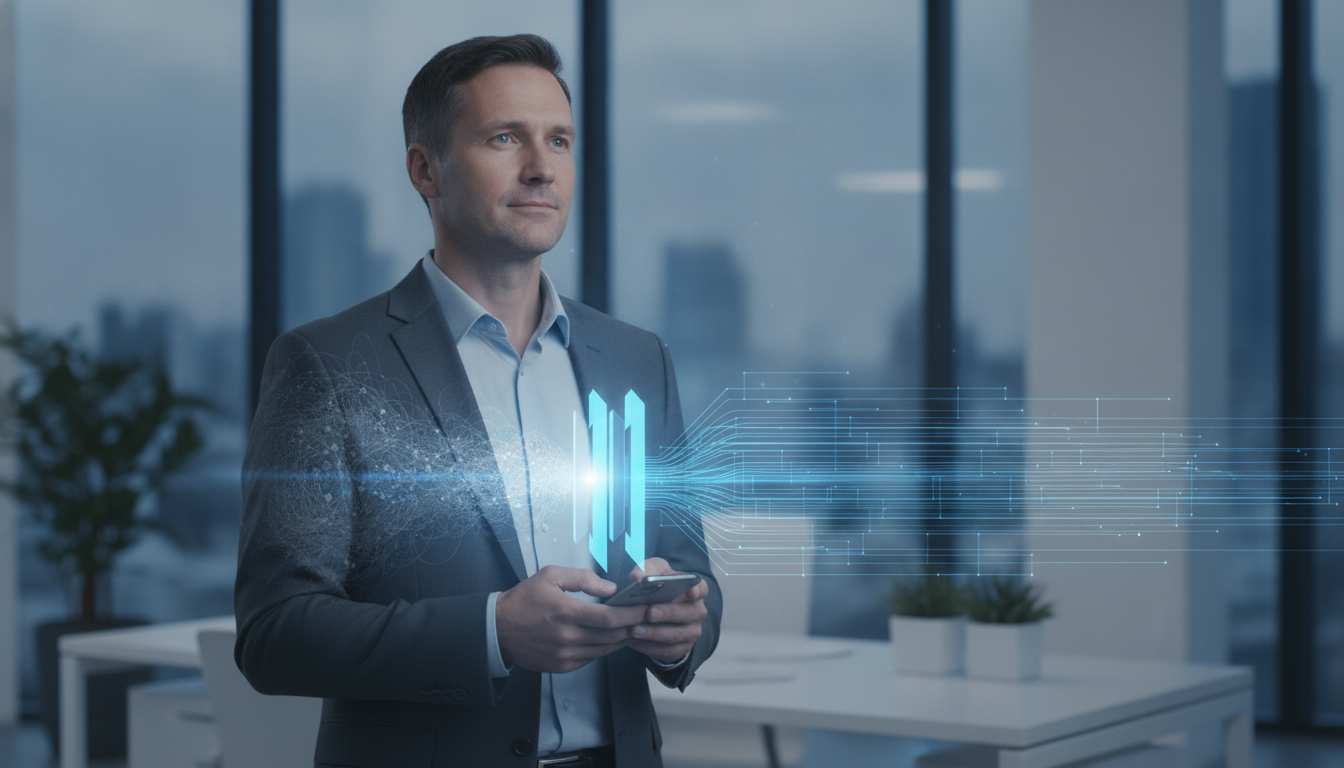 A realistic photo of a calm and focused professional in a modern office, holding a smartphone but looking just past it with a serene expression. A subtle, clean light graphic emanates from their chest, symbolizing an internal nervous system reset. The scene is professional and empowering. Aspect ratio: 4:3.