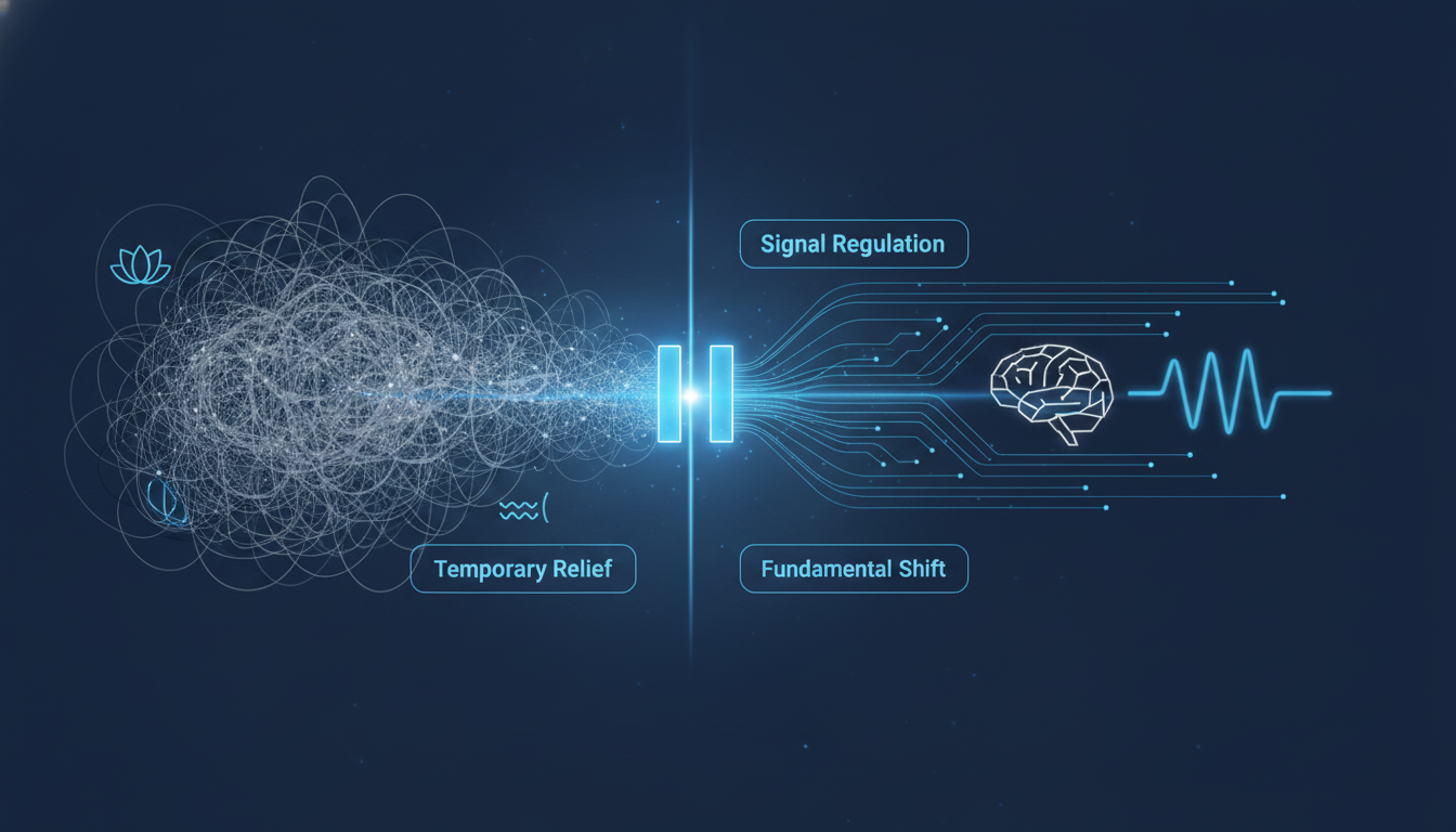 A clean, modern infographic comparing 'Symptom Management' (downstream) vs. 'Signal Regulation' (upstream). On the left, show icons for meditation and deep breathing with a text bubble saying 'Temporary Relief.' On the right, show a brain icon with a clean signal wave and text 'Fundamental Shift.' Use a split-screen design. Aspect ratio: 16:9.