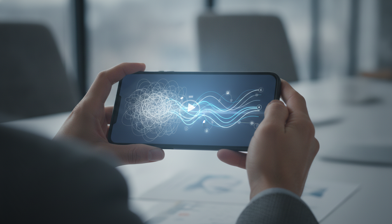 A close-up, realistic photograph of a composed professional's hands holding a smartphone in a modern, minimalist office. The screen is glowing softly. The person's posture is relaxed yet focused, subtly suggesting they are performing a quick, internal micro-practice upon unlocking the device. The focus is on the sense of calm control in a digital-heavy environment. Aspect ratio: 4:3.