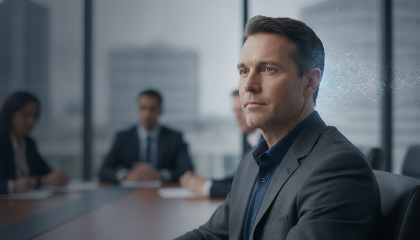 A powerful, realistic portrait of a professional leader, embodying 'sovereignty.' They are in a high-stakes meeting, listening intently with an expression of calm confidence and deep focus. The environment around them is slightly blurred, drawing all attention to their clear, composed demeanor. The lighting is natural and flattering. Aspect ratio: 16:9.